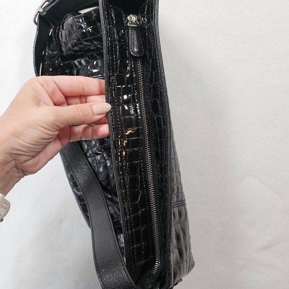 Brighton Black Croc Embossed Patent Leather Shoulder Bag Hobo Silver Tone - Picture 4 of 16
